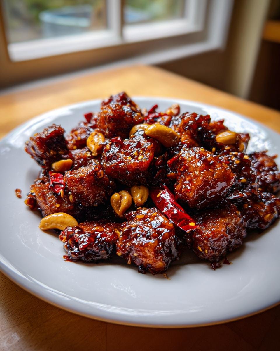 Nahaufnahme von knusprigem Kung Pao Tofu mit Cashewnüssen und Chilischoten auf einem weißen Teller.