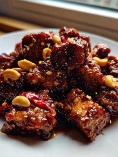 Nahaufnahme von knusprigem Kung Pao Tofu, glasiert und garniert mit Erdnüssen und Chili.