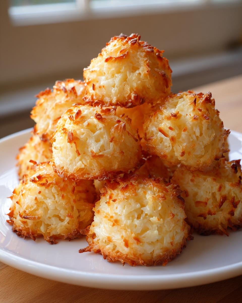 Ein Haufen saftiger Kokosmakronen, goldbraun gebacken, gestapelt auf einem weißen Teller.