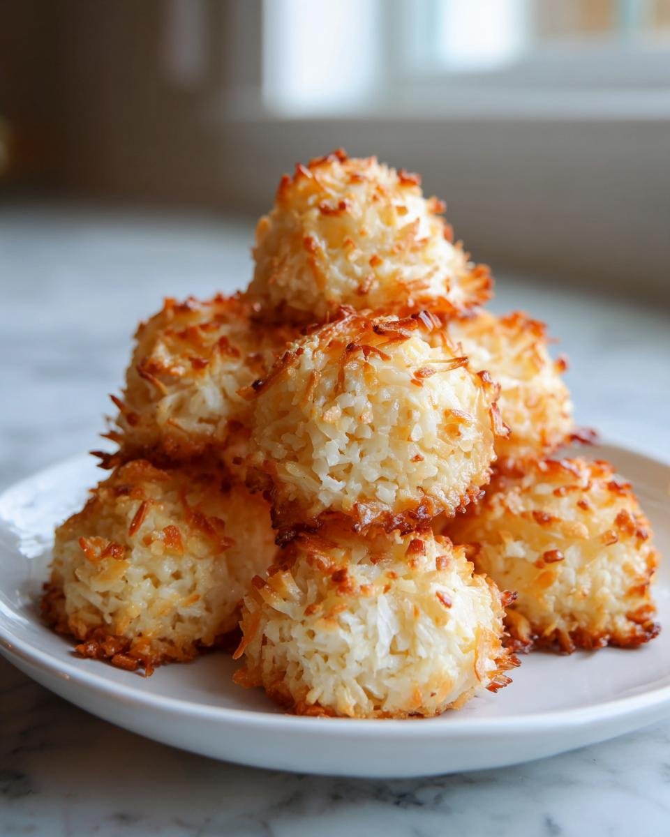 Stapel von saftigen Coconut Macaroons mit goldbraun gerösteten Kokosflocken auf einem weißen Teller.