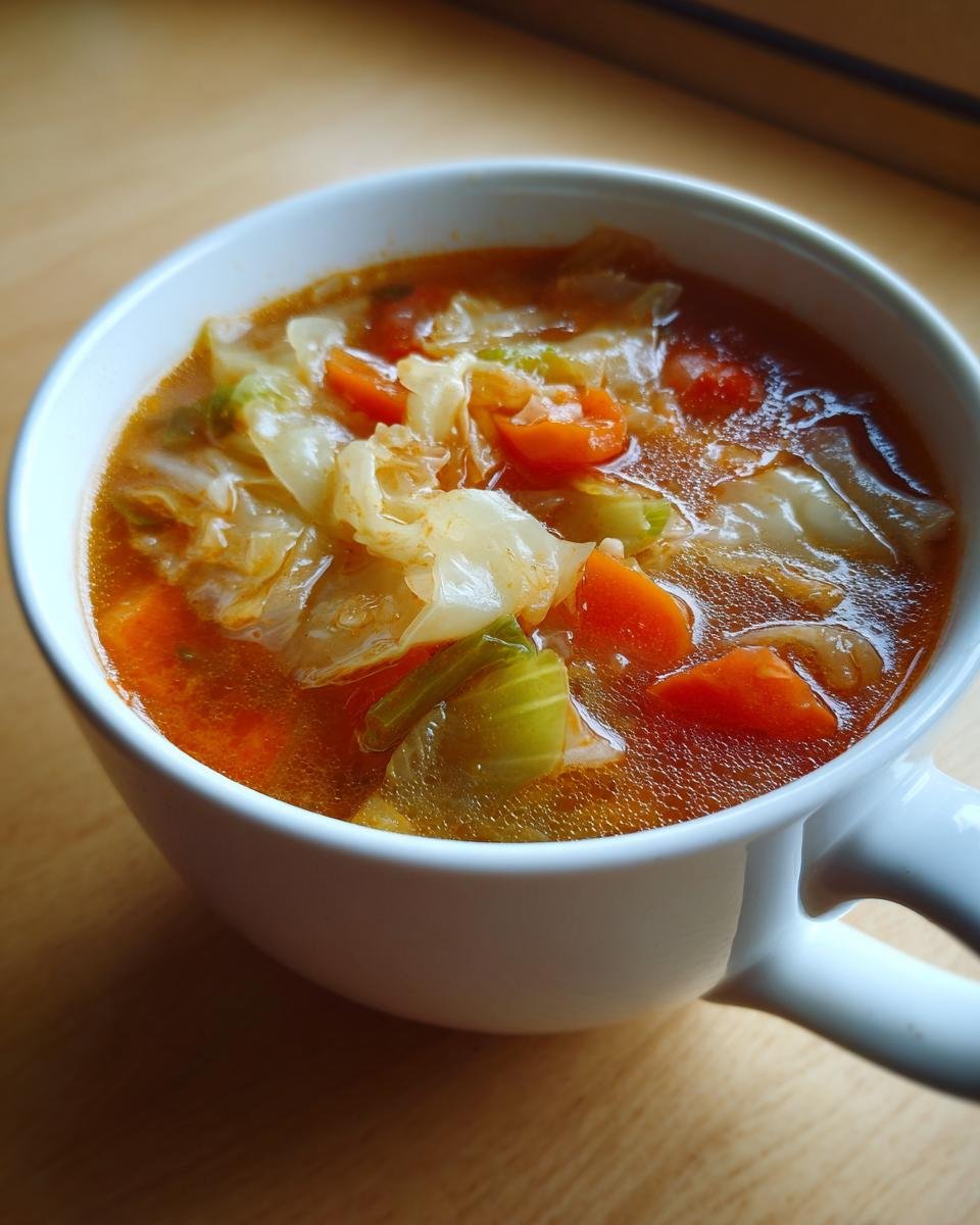 Nahaufnahme einer weißen Tasse mit heißer Krautsuppe, gefüllt mit Kohlstücken und Karotten.