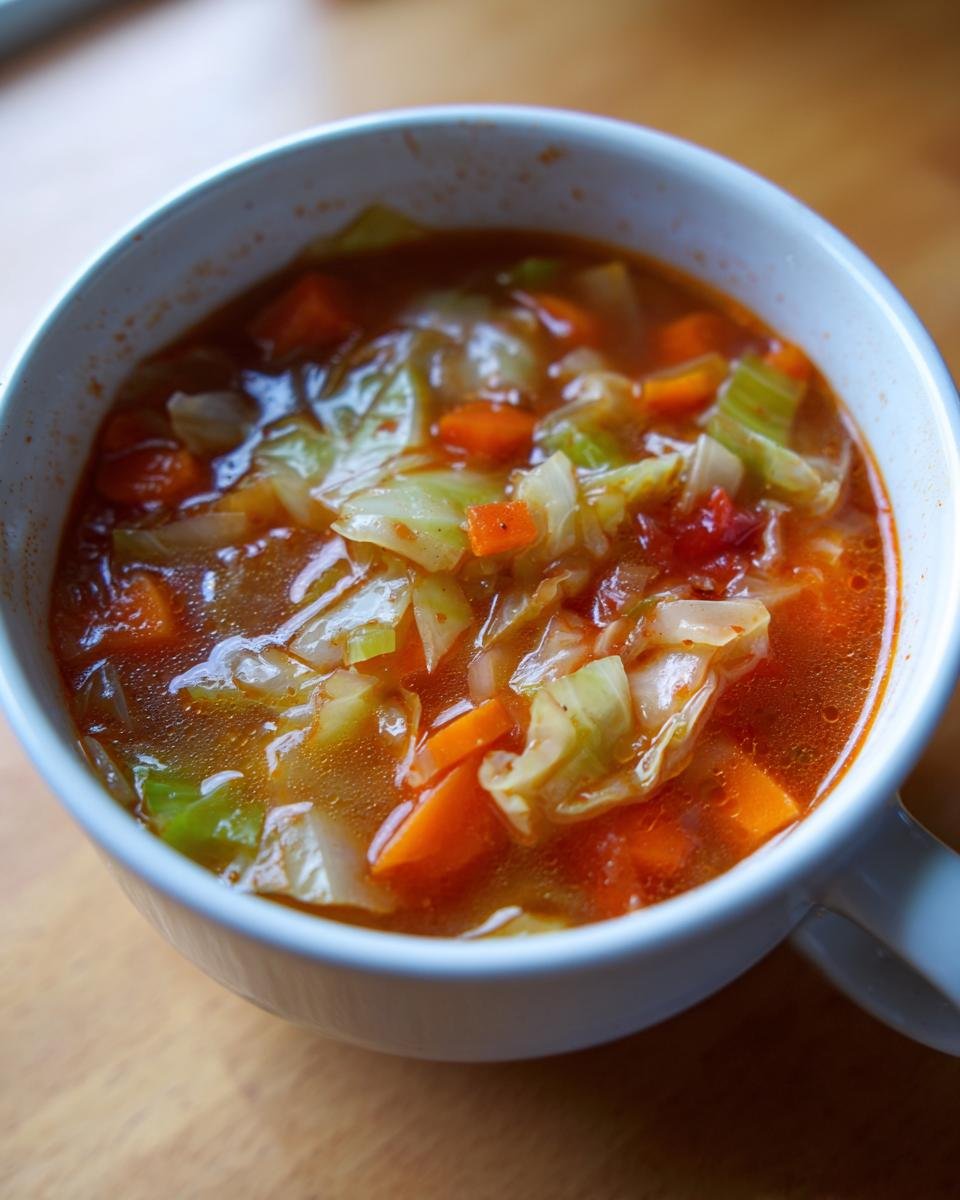 Nahaufnahme einer dampfenden Schüssel mit Krautsuppe, gefüllt mit Kohlstücken und Karotten in einer roten Brühe.