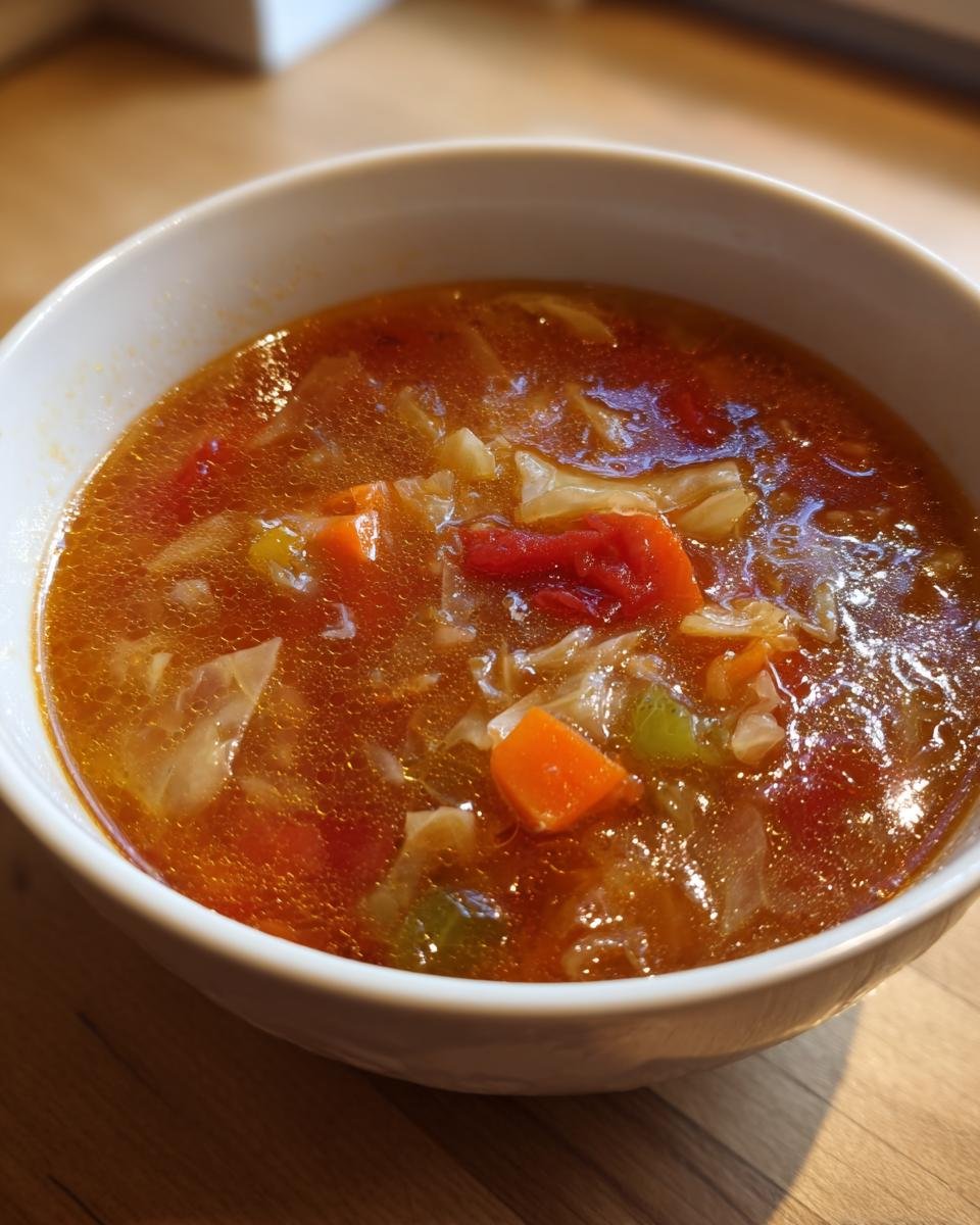 Nahaufnahme einer Schüssel mit herzhafter, roter Krautsuppe, reich an Kohl- und Karottenstücken.