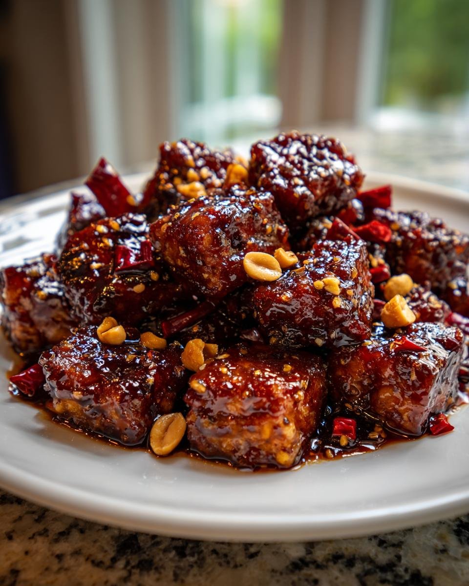 Nahaufnahme von knusprigem Kung Pao Tofu in einer dunklen, glänzenden Sauce mit Erdnüssen und Chili.