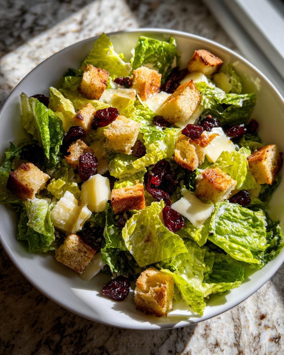 Nahaufnahme einer Sch&uuml;ssel mit La Scala Chopped Salad, bestehend aus R&ouml;mersalat, Croutons, K&auml;se und getrockneten Cranberrys.