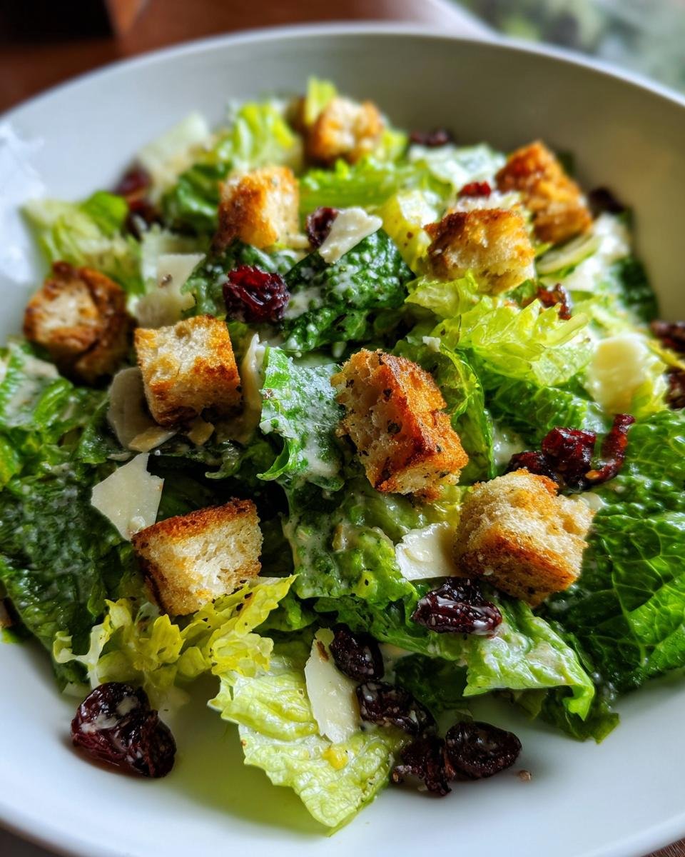 Nahaufnahme des La Scala Chopped Salad mit knackigem R&ouml;mersalat, Croutons und getrockneten Cranberrys.