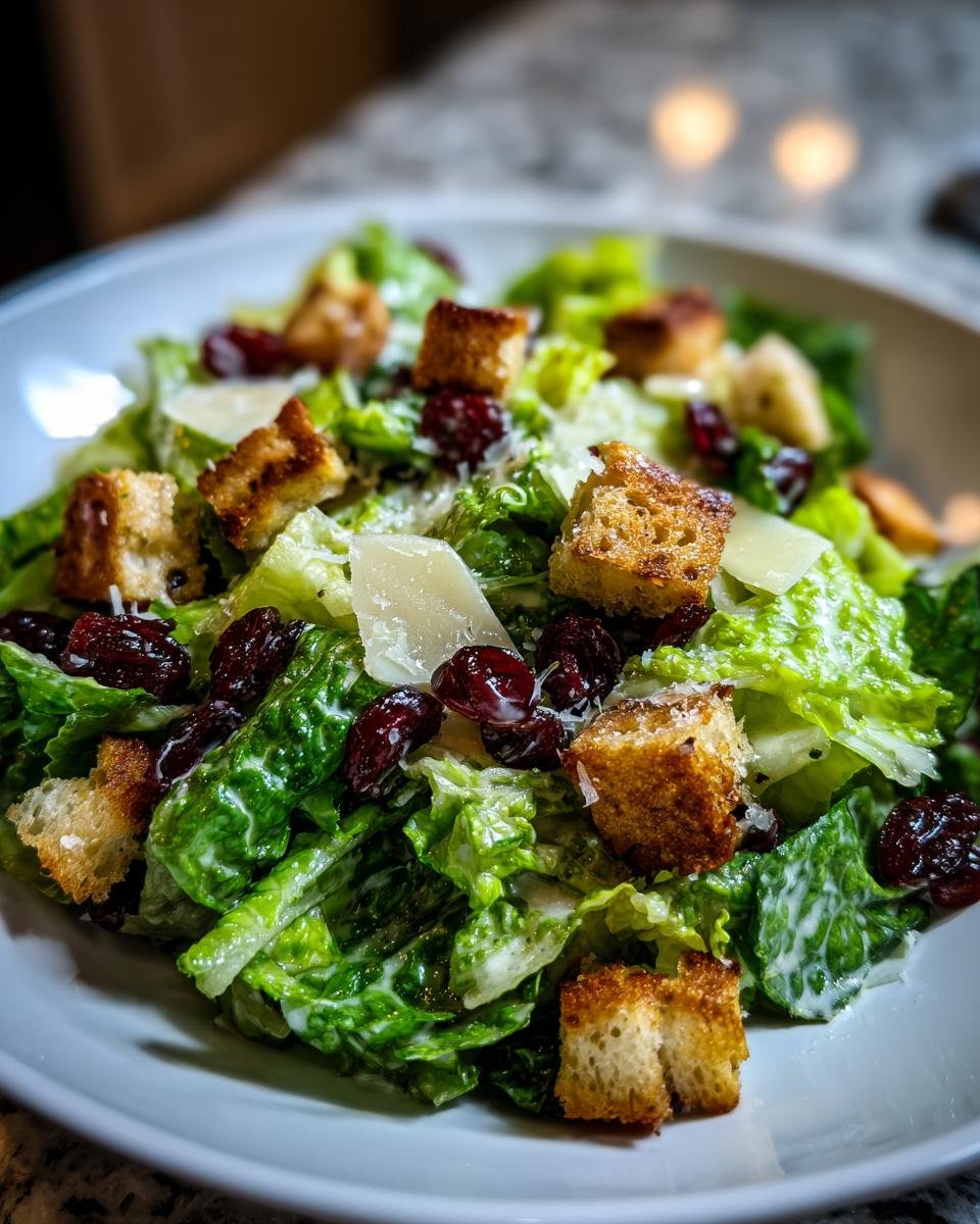 Nahaufnahme des La Scala Chopped Salad mit knackigem R&ouml;mersalat, Croutons, getrockneten Cranberrys und Parmesan.