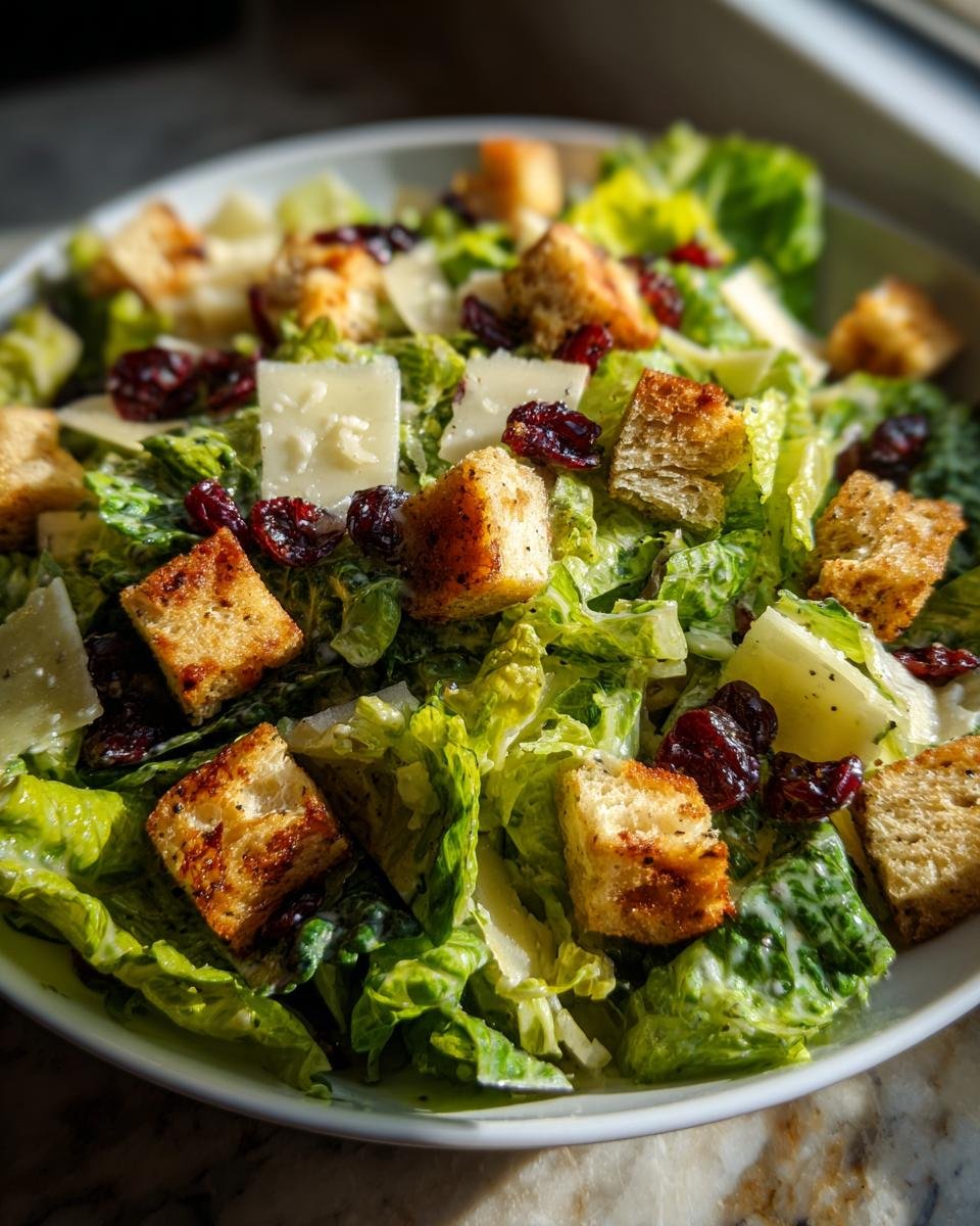 Nahaufnahme des La Scala Chopped Salad mit knackigem R&ouml;mersalat, Croutons, Parmesan und getrockneten Cranberrys.