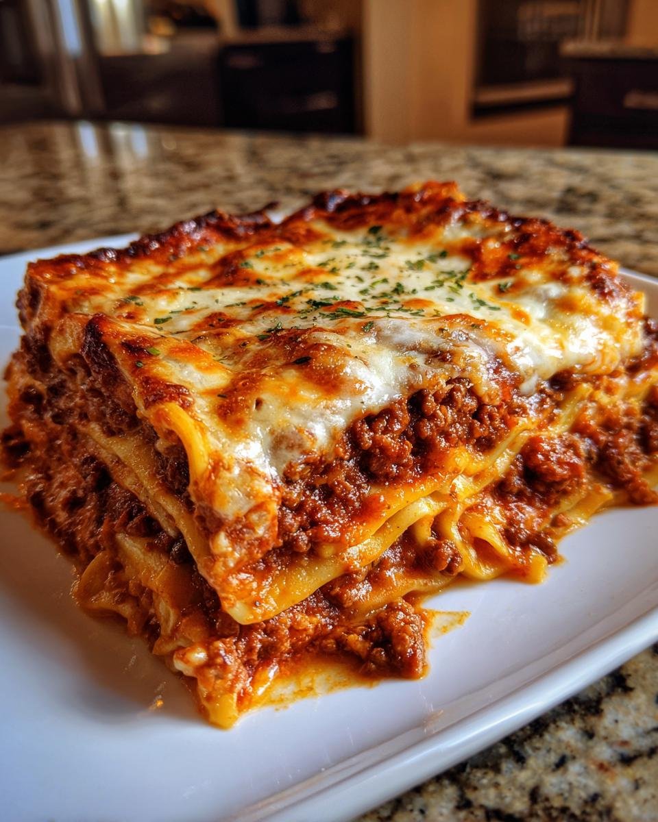 Nahaufnahme eines saftigen St&uuml;cks Lasagna Bolognese mit geschmolzenem K&auml;se und Kr&auml;utern.