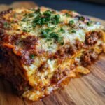 Nahaufnahme eines saftigen St&uuml;cks Lasagna Bolognese mit geschmolzenem K&auml;se und Petersilie.