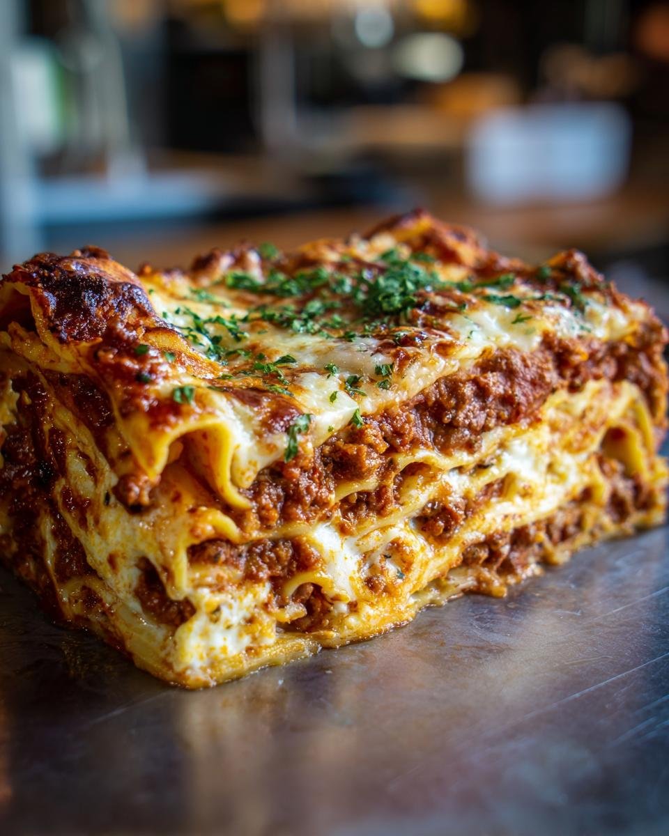 Nahaufnahme eines perfekt geschichteten St&uuml;cks Lasagna Bolognese mit reichhaltiger Bolognese-Sauce und geschmolzenem K&auml;se.