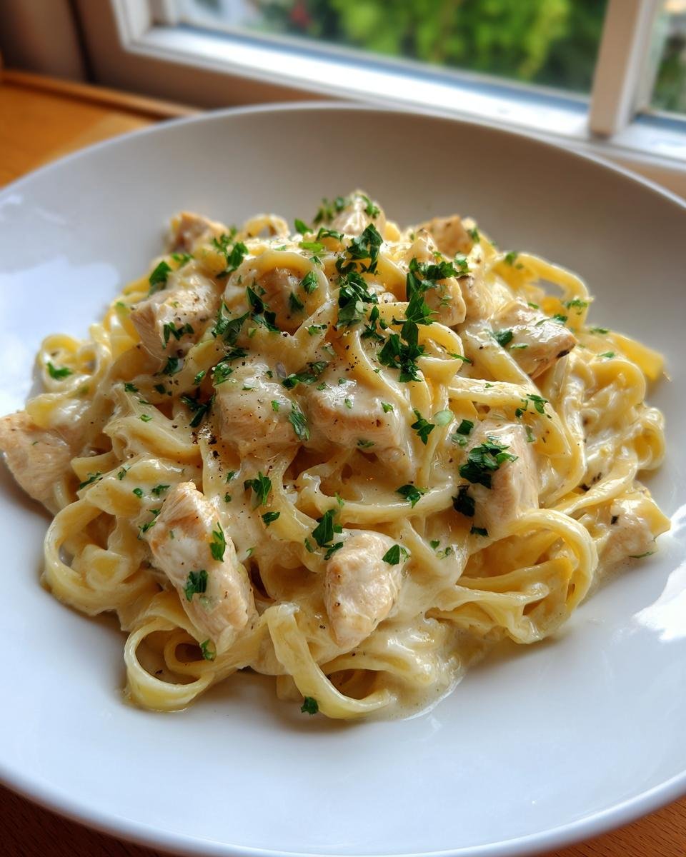 Nahaufnahme von cremigem Lemon Chicken Fettuccine, garniert mit Petersilie, in einem weißen Teller.