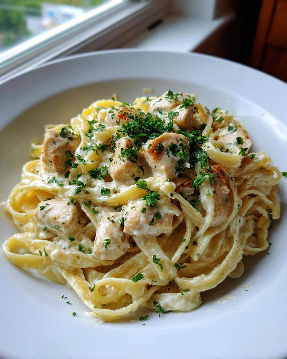 Nahaufnahme von cremigem Lemon Chicken Fettuccine mit gebratenen Hähnchenstücken und Petersilie.