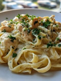 Nahaufnahme von cremigem Lemon Chicken Fettuccine mit Hähnchenstücken und Petersilie garniert.