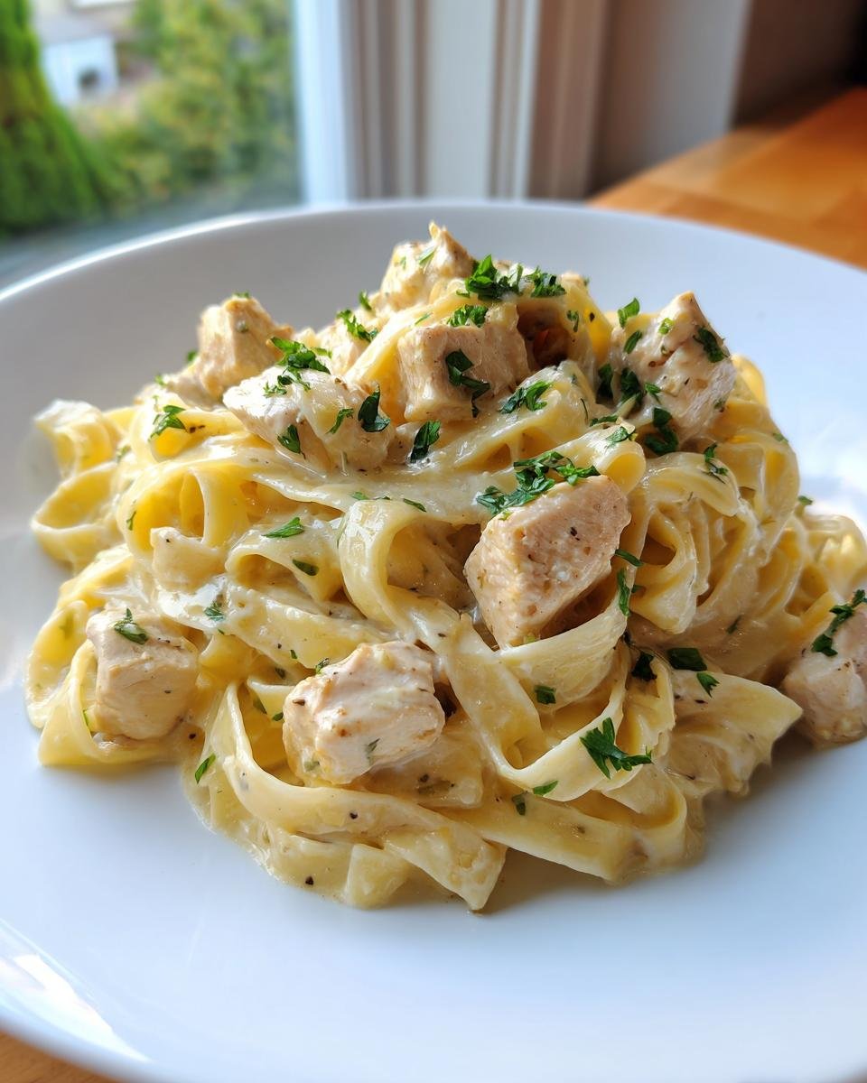 Nahaufnahme von cremigem Lemon Chicken Fettuccine mit Hähnchenstücken und Petersilie auf einem weißen Teller.