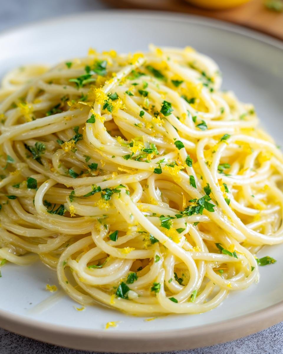 Nahaufnahme von cremiger Lemon Pasta, garniert mit leuchtend gelbem Zitronenabrieb und frischer Petersilie.