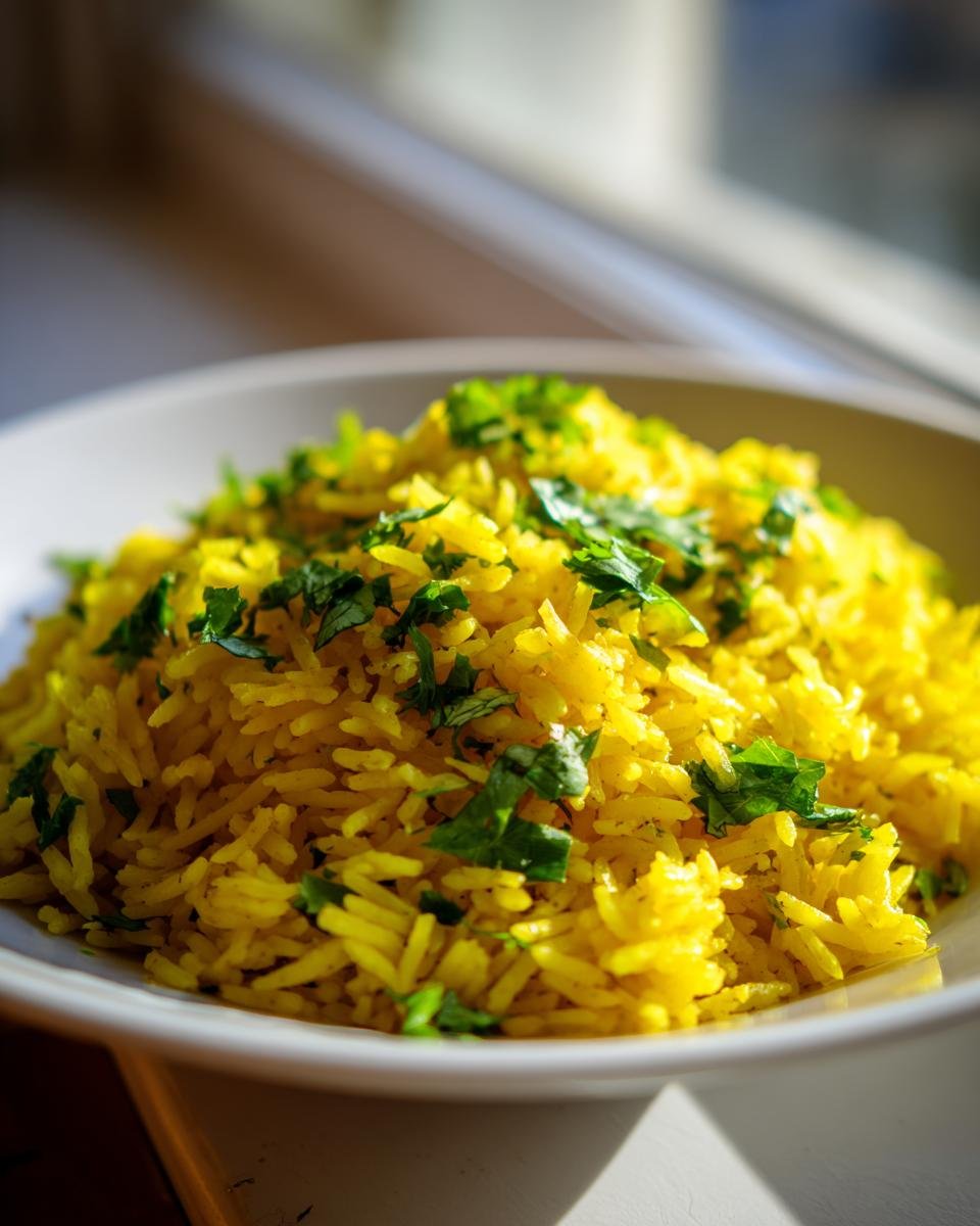 Nahaufnahme von fluffigem, gelbem Lemon Rice, garniert mit gehackter Petersilie oder Koriander.