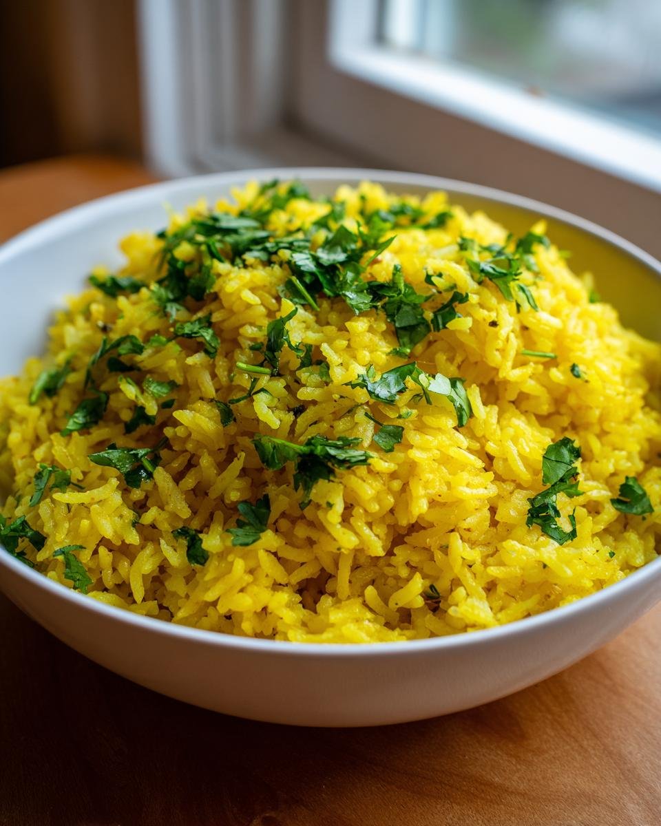 Eine Sch&uuml;ssel mit leuchtend gelbem Lemon Rice, garniert mit gehackter Petersilie.