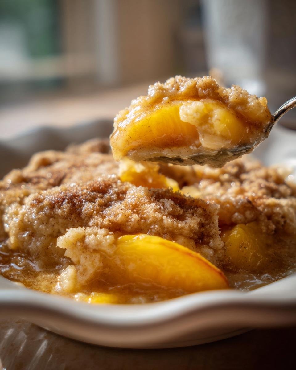 Ein L&ouml;ffel mit warmem Zimt Zucker Pfirsich Cobbler Dump Cake, bedeckt mit Streuseln.