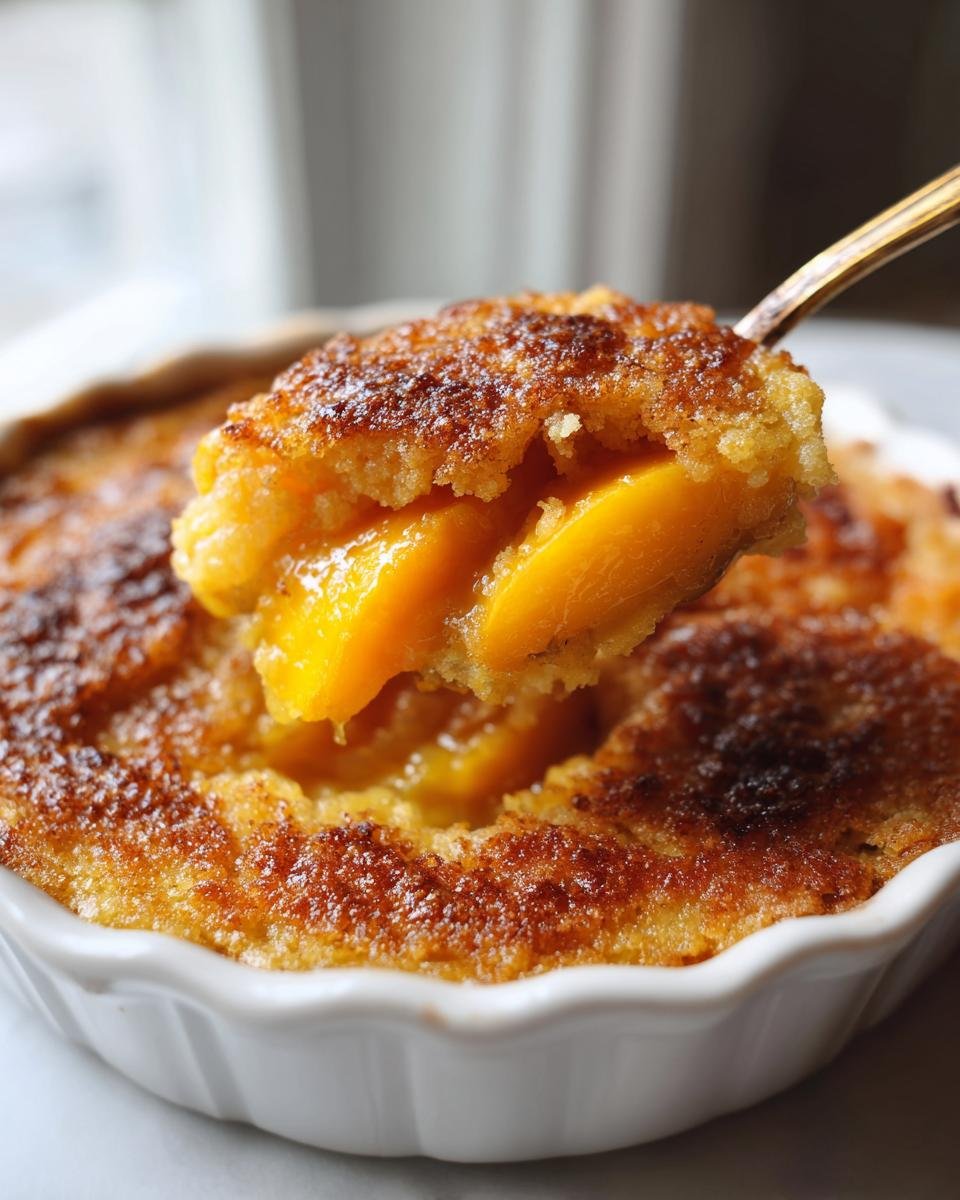 Ein goldbraun gebackener L&ouml;ffel mit Zimt Zucker Pfirsich Cobbler Dump Cake und saftigen Pfirsichst&uuml;cken.