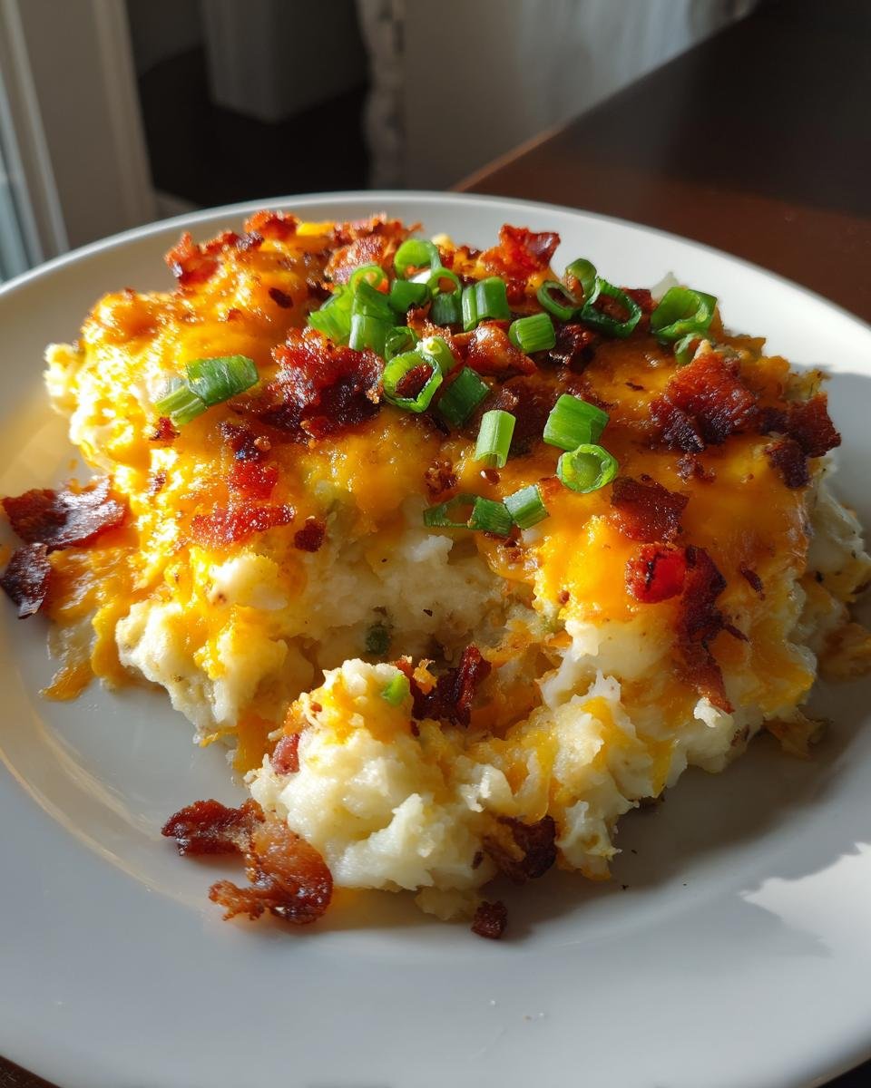 Ein St&uuml;ck Loaded Baked Potato Casserole mit geschmolzenem K&auml;se, knusprigem Speck und Fr&uuml;hlingszwiebeln.