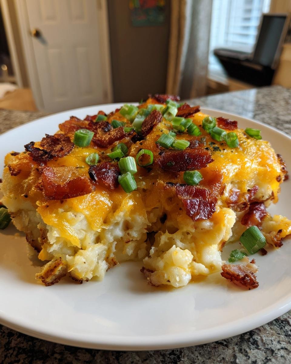 Ein St&uuml;ck Loaded Baked Potato Casserole mit geschmolzenem Cheddar, knusprigem Speck und Fr&uuml;hlingszwiebeln.