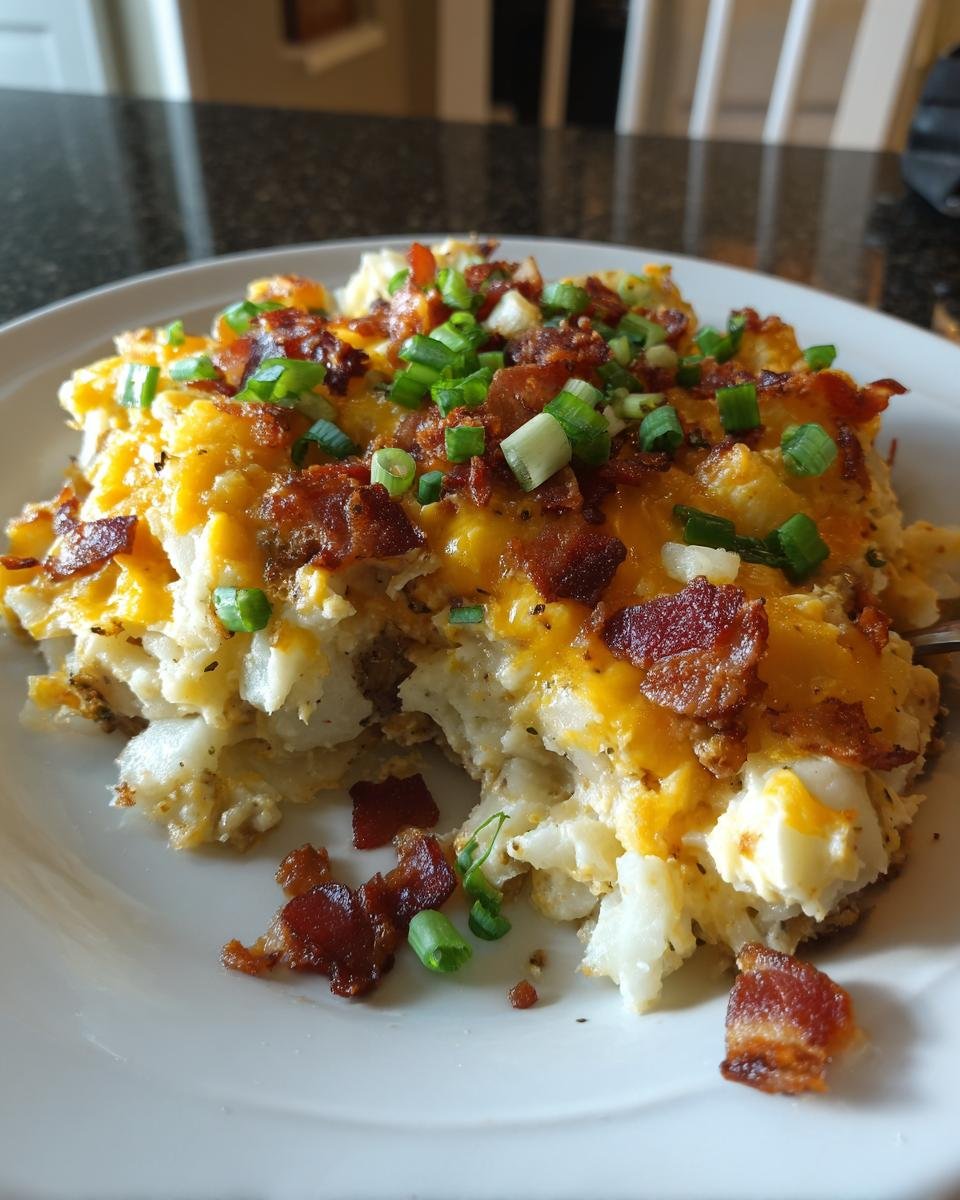 Ein St&uuml;ck Loaded Baked Potato Casserole mit geschmolzenem Cheddar, knusprigem Speck und Fr&uuml;hlingszwiebeln.