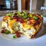 Ein saftiges St&uuml;ck Loaded Baked Potato Casserole mit geschmolzenem K&auml;se, knusprigem Speck und Fr&uuml;hlingszwiebeln.