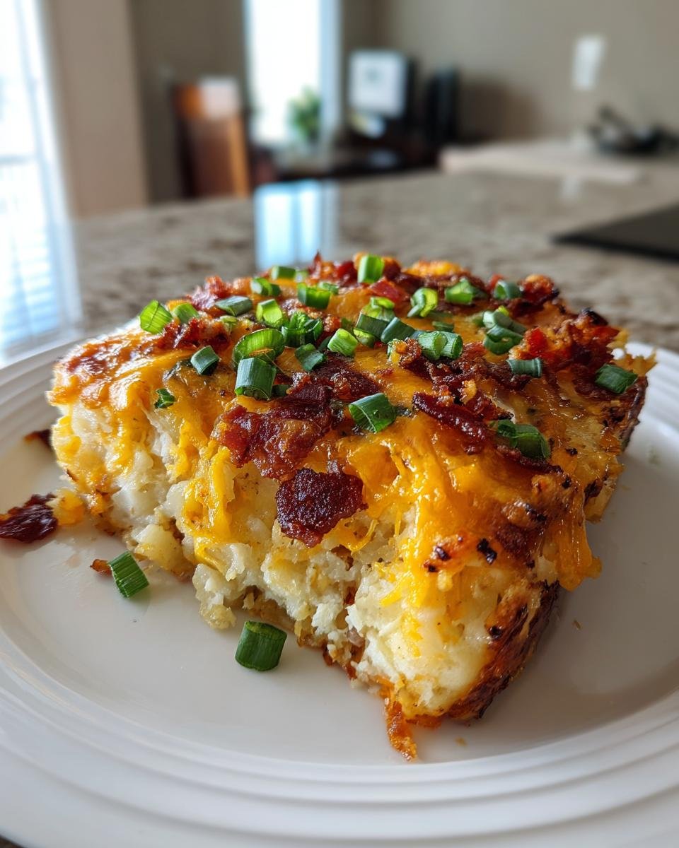 Ein St&uuml;ck Loaded Baked Potato Casserole mit geschmolzenem Cheddar, Speck und Fr&uuml;hlingszwiebeln auf einem wei&szlig;en Teller.
