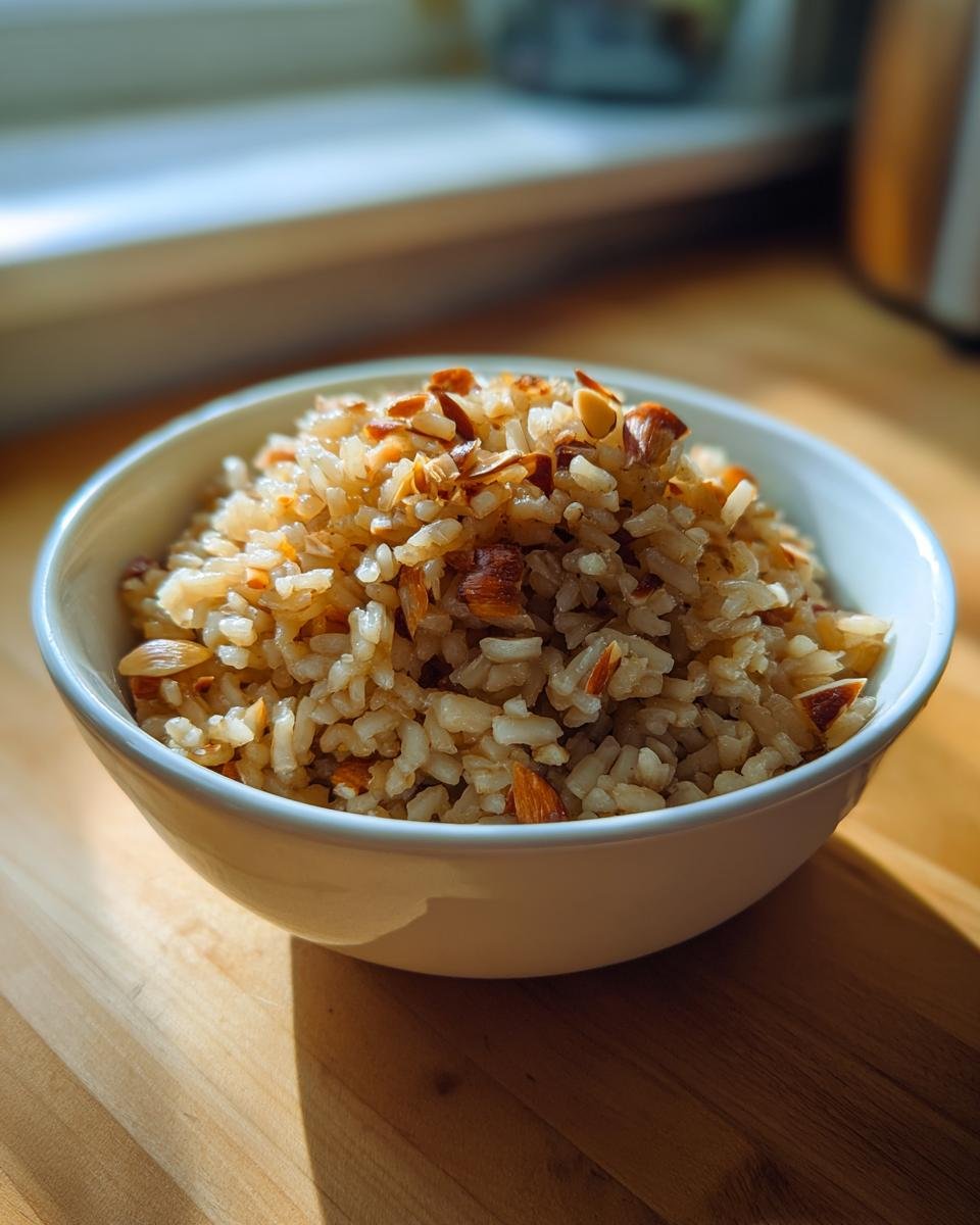 Nahaufnahme von Mandel-Naturreis-Pilaw in einer weißen Schale, garniert mit gerösteten Mandelstücken.