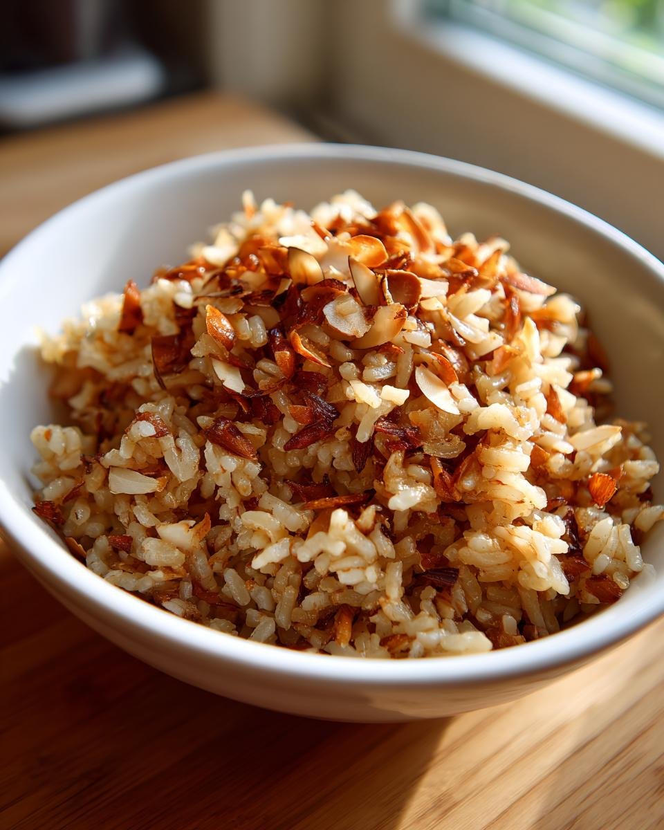 Nahaufnahme von Mandel-Naturreis-Pilaw in einer weißen Schale, garniert mit gerösteten Mandelblättchen.