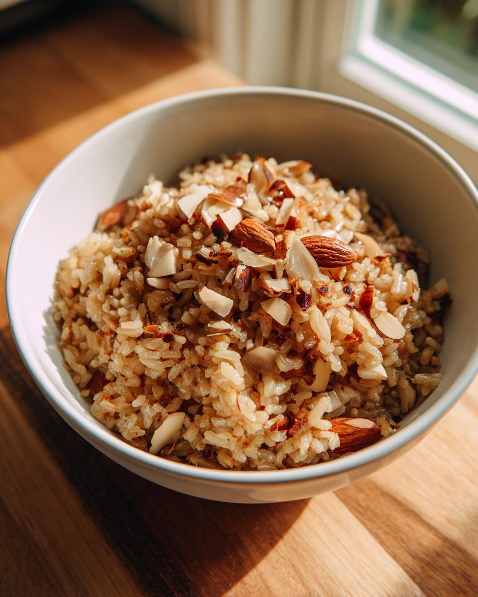 Nahaufnahme von Mandel-Naturreis-Pilaw in einer weißen Schüssel, garniert mit gehackten Mandeln.