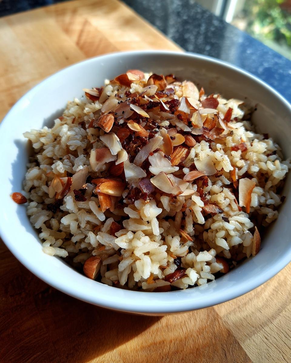 Nahaufnahme von Mandel-Naturreis-Pilaw, garniert mit gerösteten Mandelblättchen in einer weißen Schüssel.
