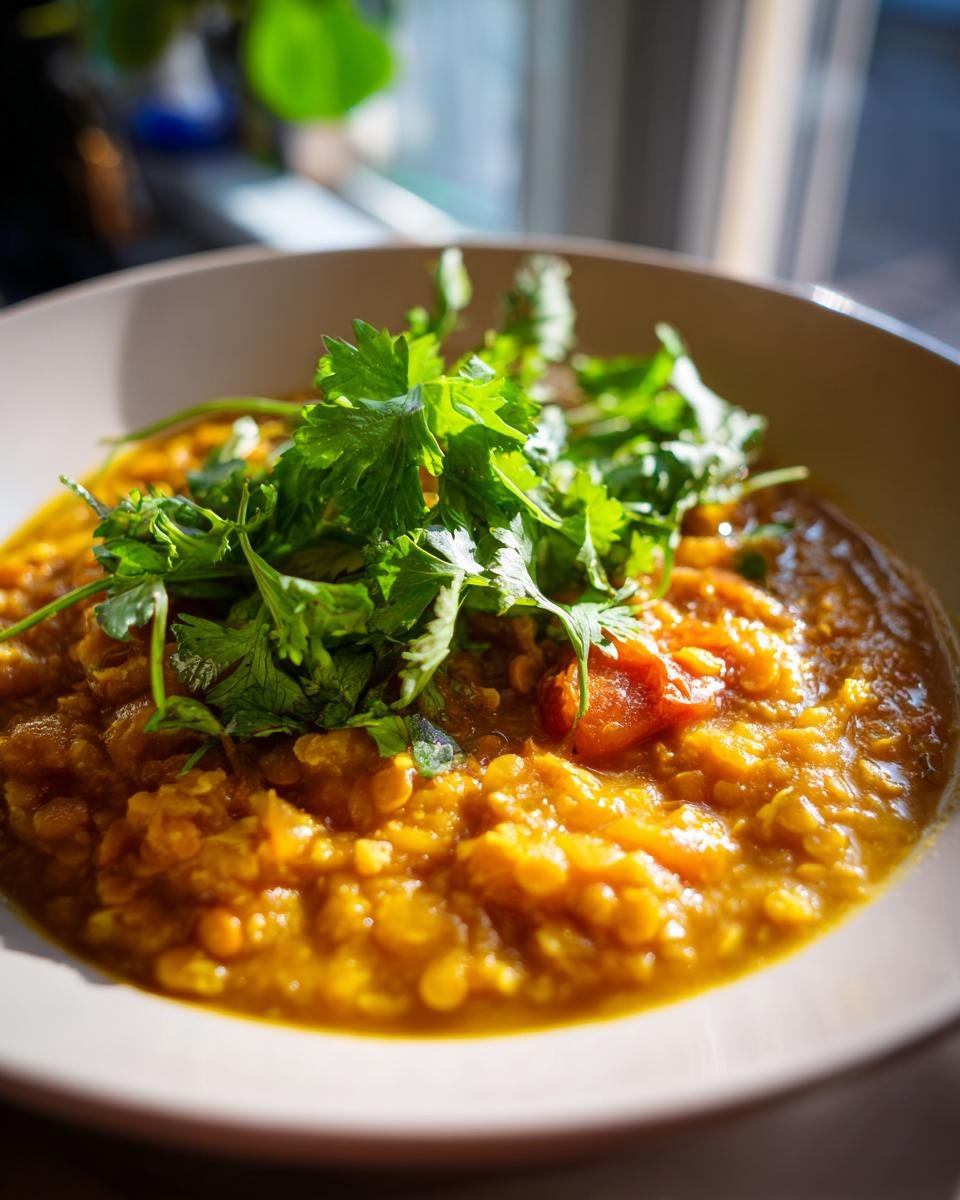 Eine Nahaufnahme von w&uuml;rzigem Mulligatawny Stew, garniert mit frischem Koriander, in einer hellen Sch&uuml;ssel.