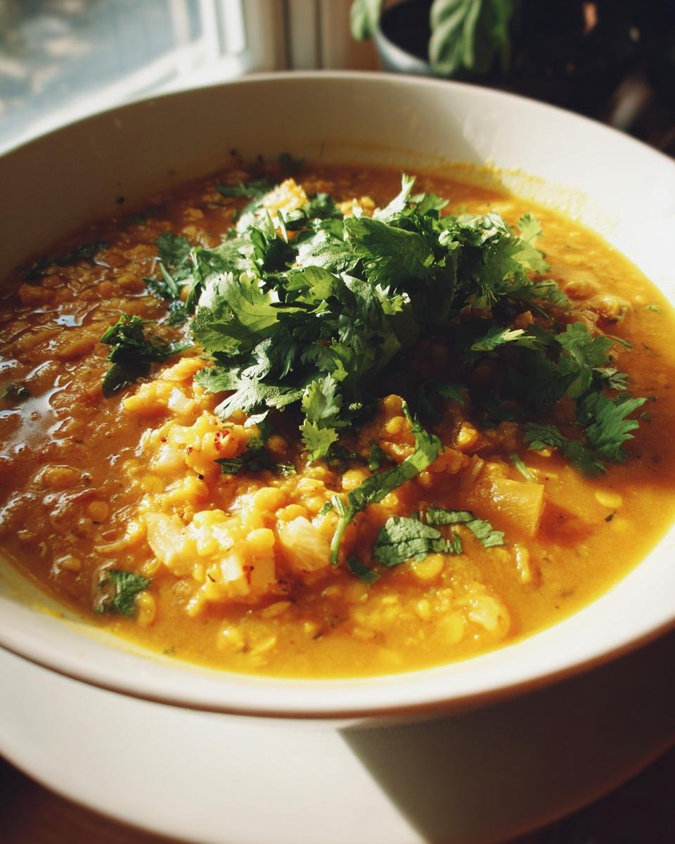 Nahaufnahme einer Sch&uuml;ssel mit leuchtend orangefarbenem Mulligatawny Stew, garniert mit viel frischem Koriander.