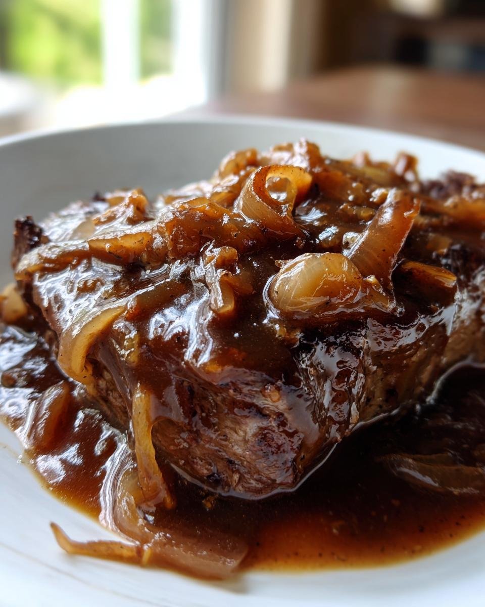Nahaufnahme von saftigem Steak, bedeckt mit dunkler Zwiebelso&szlig;e und karamellisierten Zwiebelringen.