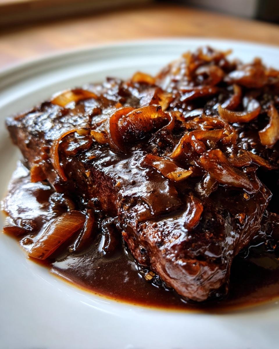 Nahaufnahme von zartem Steak, bedeckt mit dunkler Zwiebelso&szlig;e und karamellisierten Zwiebelringen, das perfekte Onion Gravy Smothered Steak.