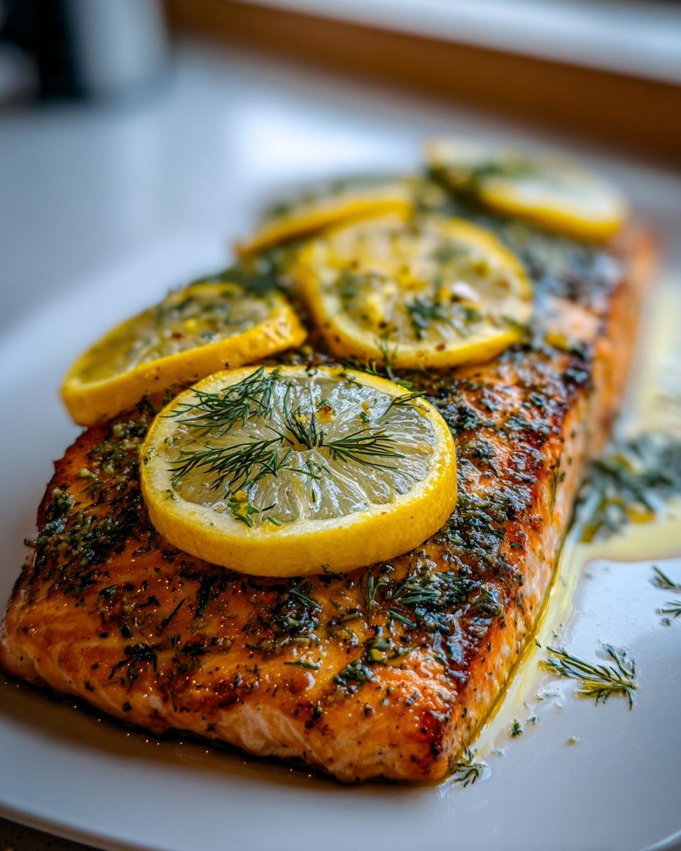 Nahaufnahme eines saftigen St&uuml;cks Oven Baked Salmon, belegt mit Zitronenscheiben und frischem Dill.