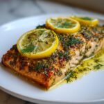 Nahaufnahme von saftigem Oven Baked Salmon, garniert mit Zitronenscheiben und frischem Dill.