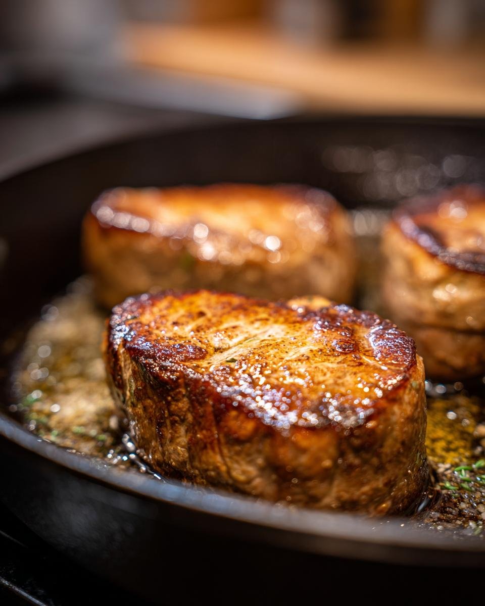 Nahaufnahme von saftigen Pan Seared Pork Medallions, die in Butter und Kr&auml;utern in einer gusseisernen Pfanne braten.