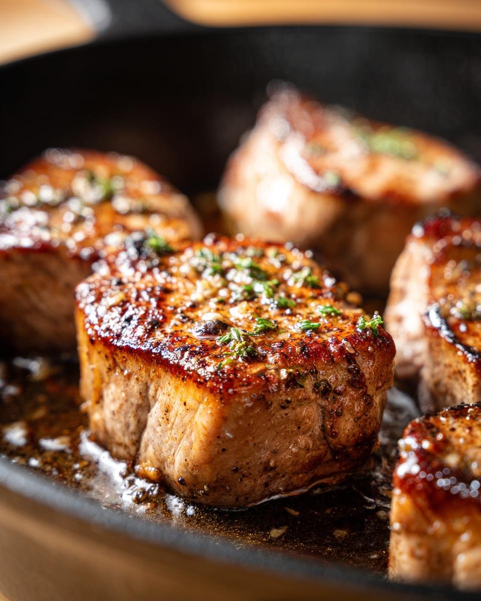Nahaufnahme von saftigen Pan Seared Pork Medallions mit Kr&auml;utern in einer gusseisernen Pfanne.