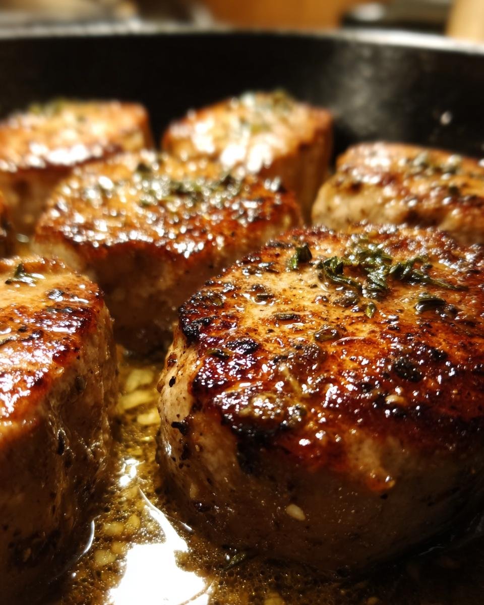 Nahaufnahme von saftigen Pan Seared Pork Medallions, die in einer dunklen Pfanne mit Bratensaft und Kr&auml;utern braten.