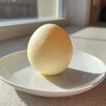 Ein perfekt gesch&auml;ltes, hartgekochtes Ei steht auf einem kleinen wei&szlig;en Teller im Sonnenlicht.