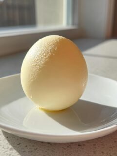 Ein perfekt geschältes, hartgekochtes Ei steht auf einem kleinen weißen Teller im Sonnenlicht.