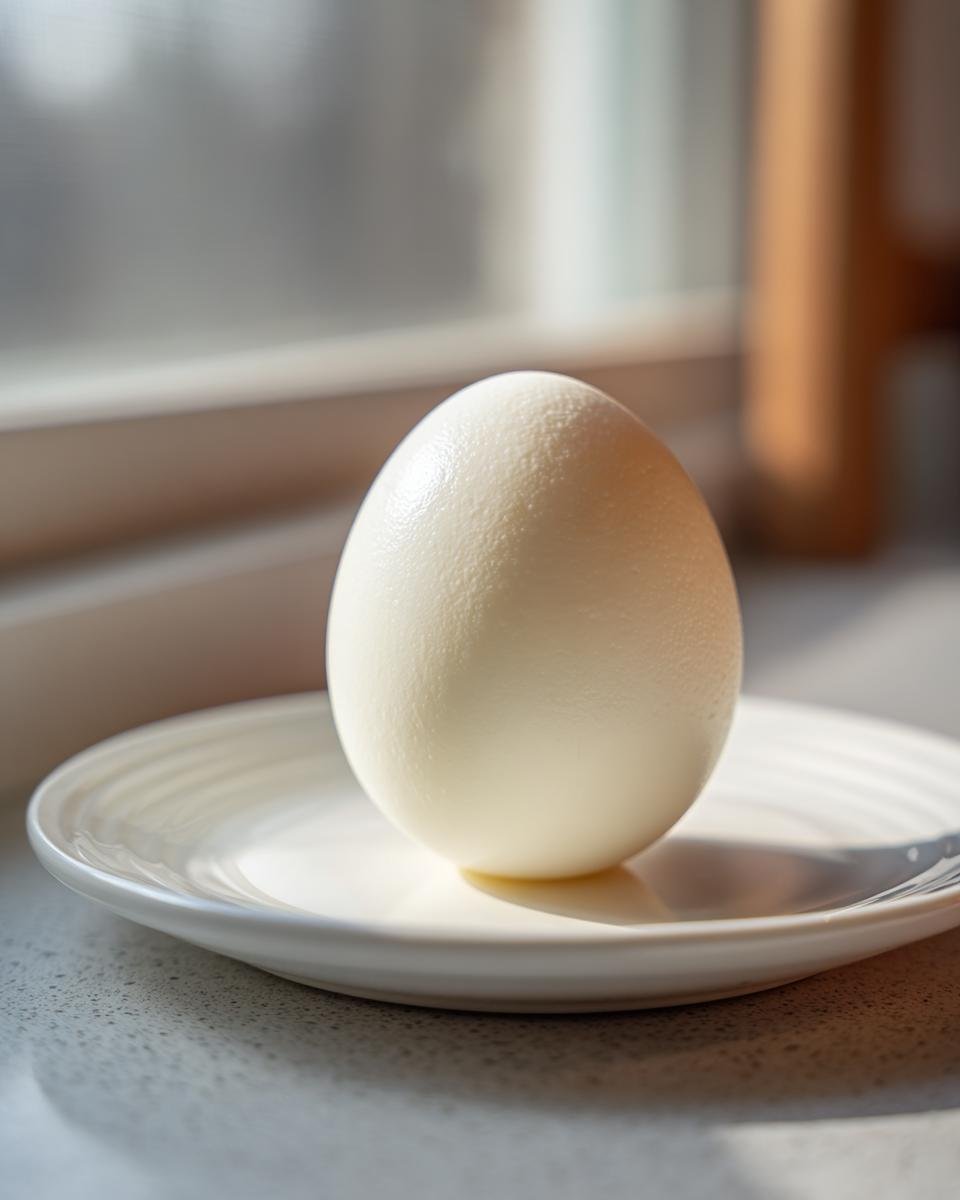 Ein einzelnes, perfekt geschältes Ei steht auf einem kleinen weißen Teller, ideal für perfekte hartgekochte Eier.