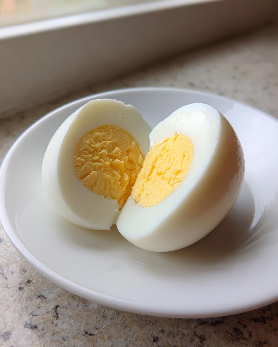 Ein hartgekochtes Ei, halbiert, mit festem, gelbem Eigelb, das die perfekten hartgekochten Eier zeigt.