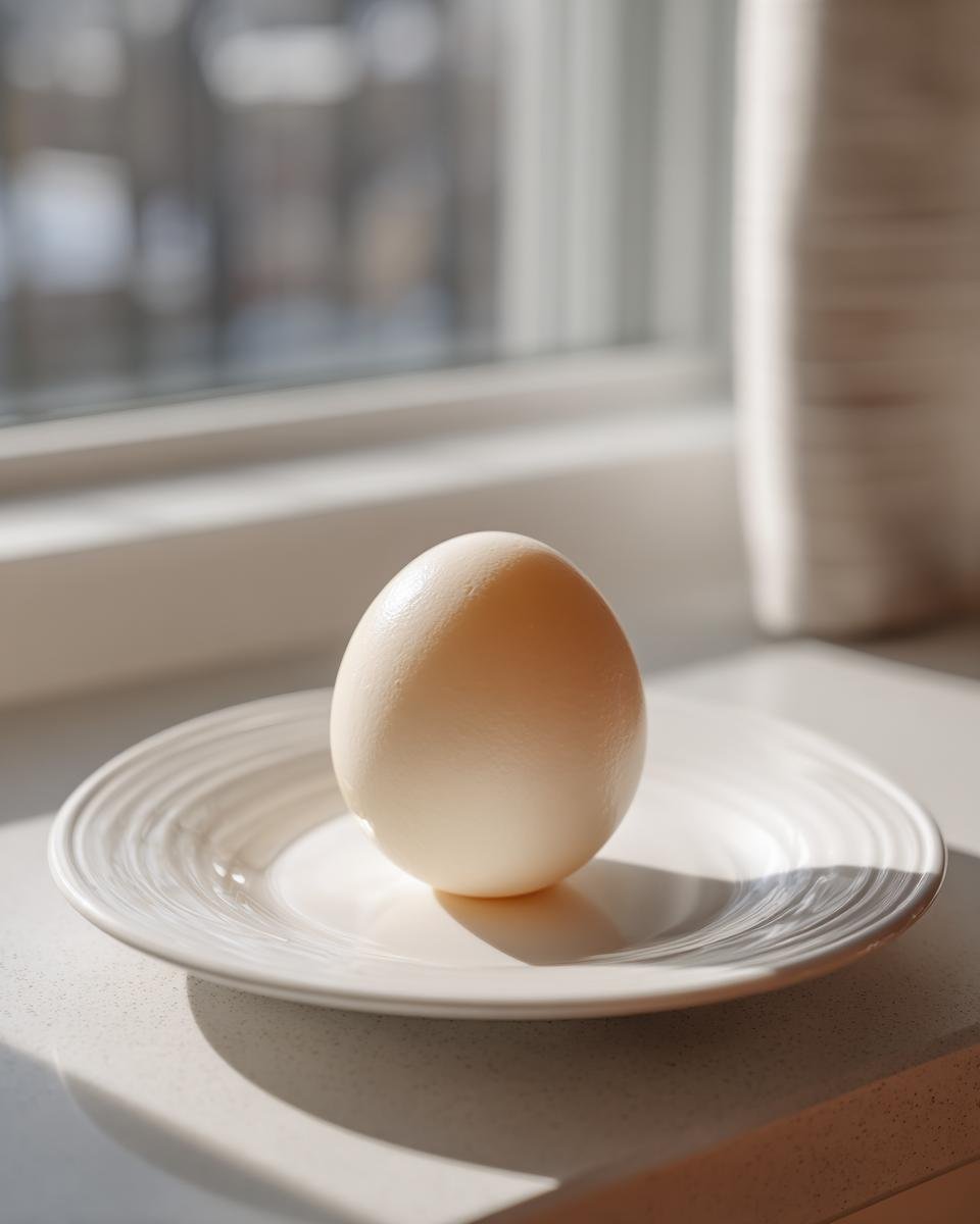 Ein einzelnes, helles, perfekt hartgekochtes Ei steht auf einem kleinen weißen Teller im hellen Sonnenlicht.