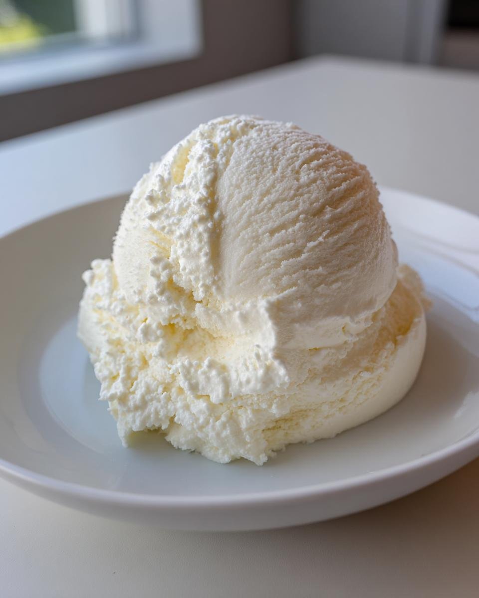 Eine Kugel cremiges, wei&szlig;es Cottage Cheese Ice Cream auf einem wei&szlig;en Teller.