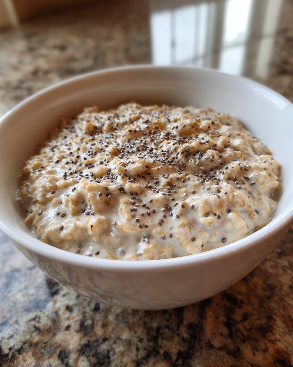 Nahaufnahme von cremigem Protein Oatmeal in einer wei&szlig;en Sch&uuml;ssel, bestreut mit Chiasamen.