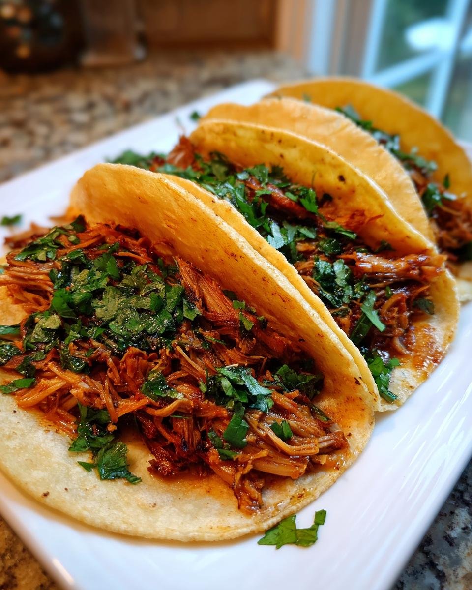 Drei fertige Quick Pork Carnitas Tacos, gef&uuml;llt mit gezupftem Schweinefleisch und Koriander.